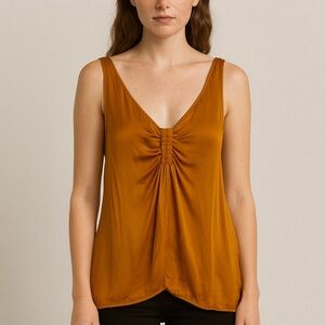 Raquel Allegra Bronze Orange Brown Satin Fall Tank Top Ruched Asymmetrical 2
